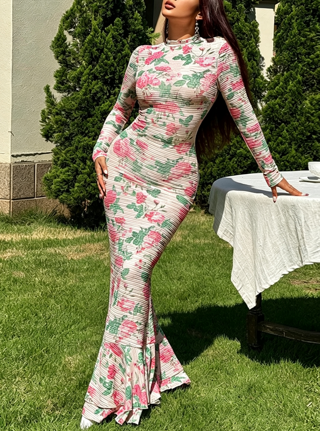 Elegant Printed Long Sleeve Maxi Dress