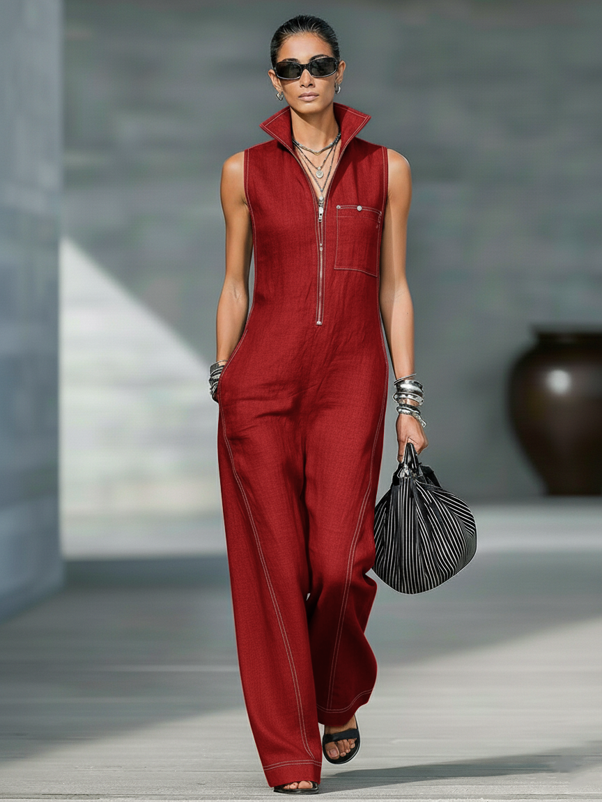 Linen Sleeveless Wide Leg Jumpsuit with Zipper Front and Contrast Stitching