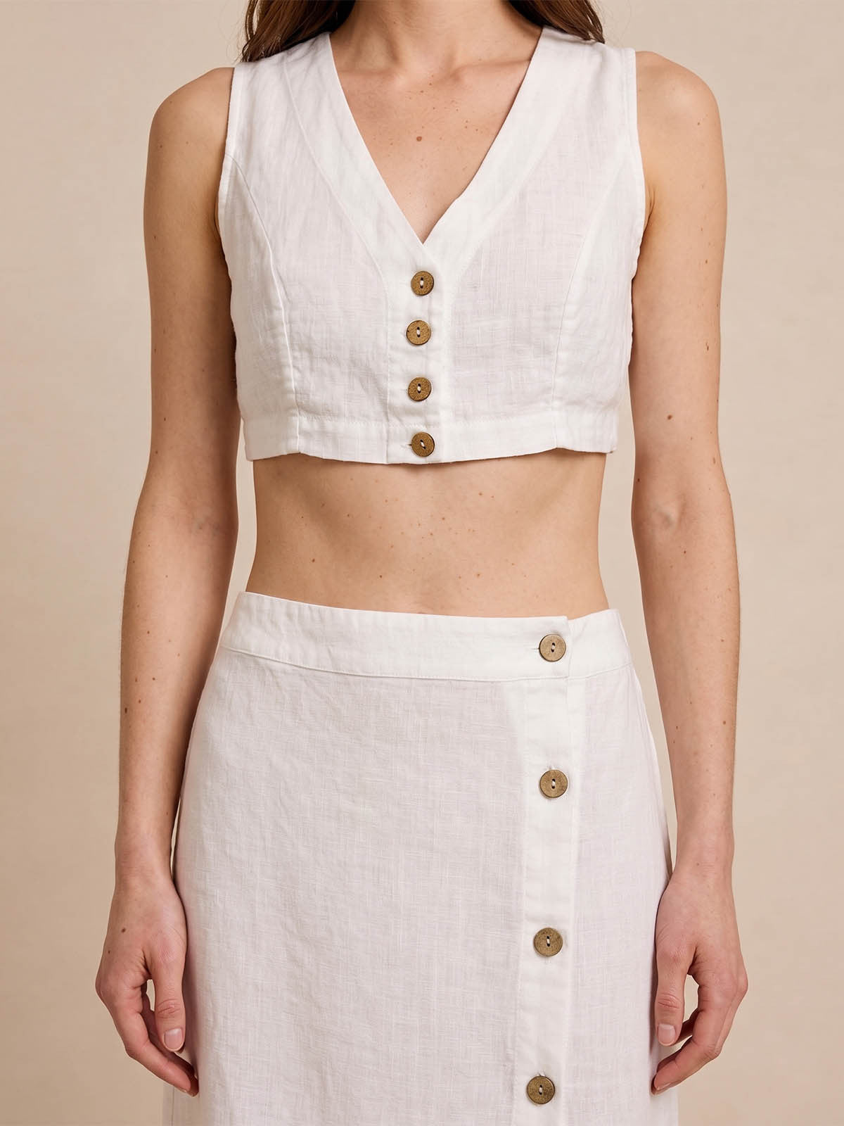 Button Slit Linen Midi Skirt