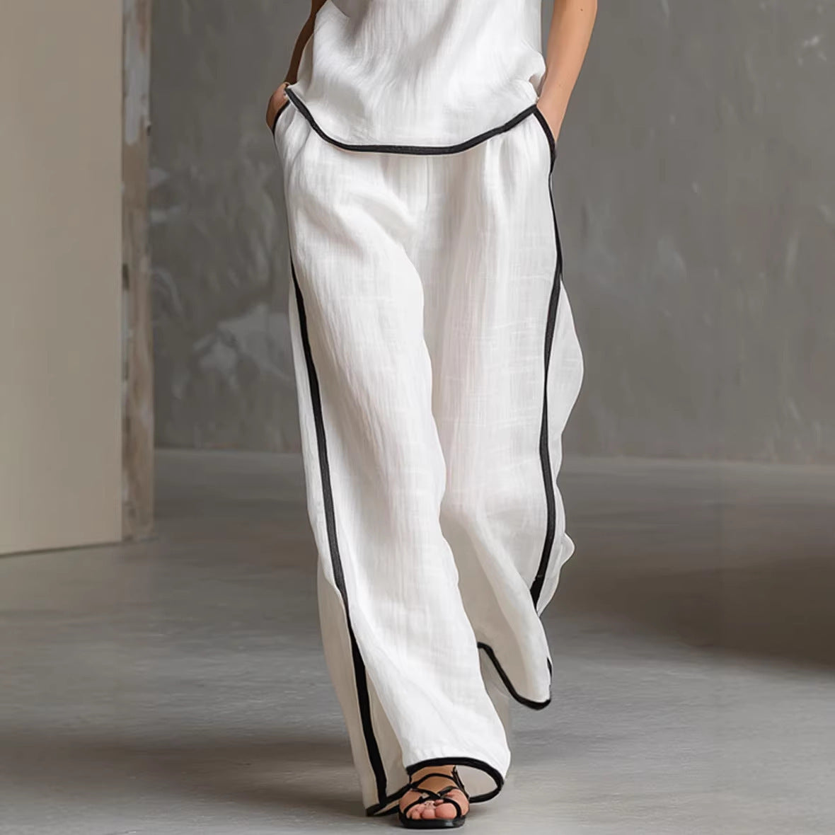 Contrast Trim Linen Sleeveless Top & Wide-Leg Pants Set