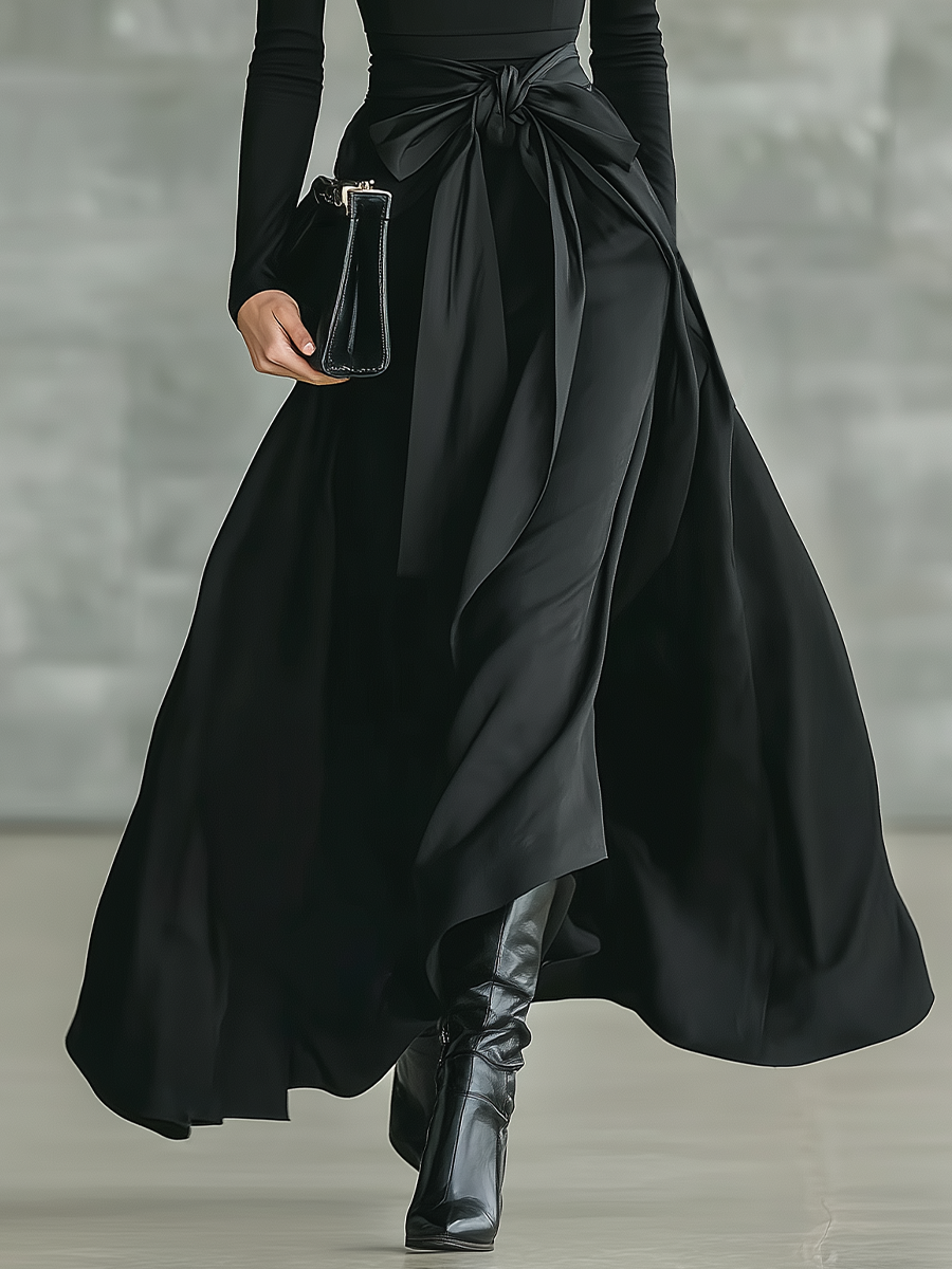 Silk Satin High-Low Maxi Skirt with Bow Belt and Turtleneck Top Set