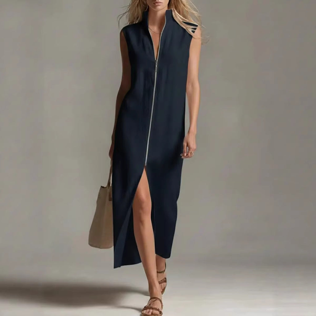 Stand Collar Zip Front Sleeveless Midi Dress