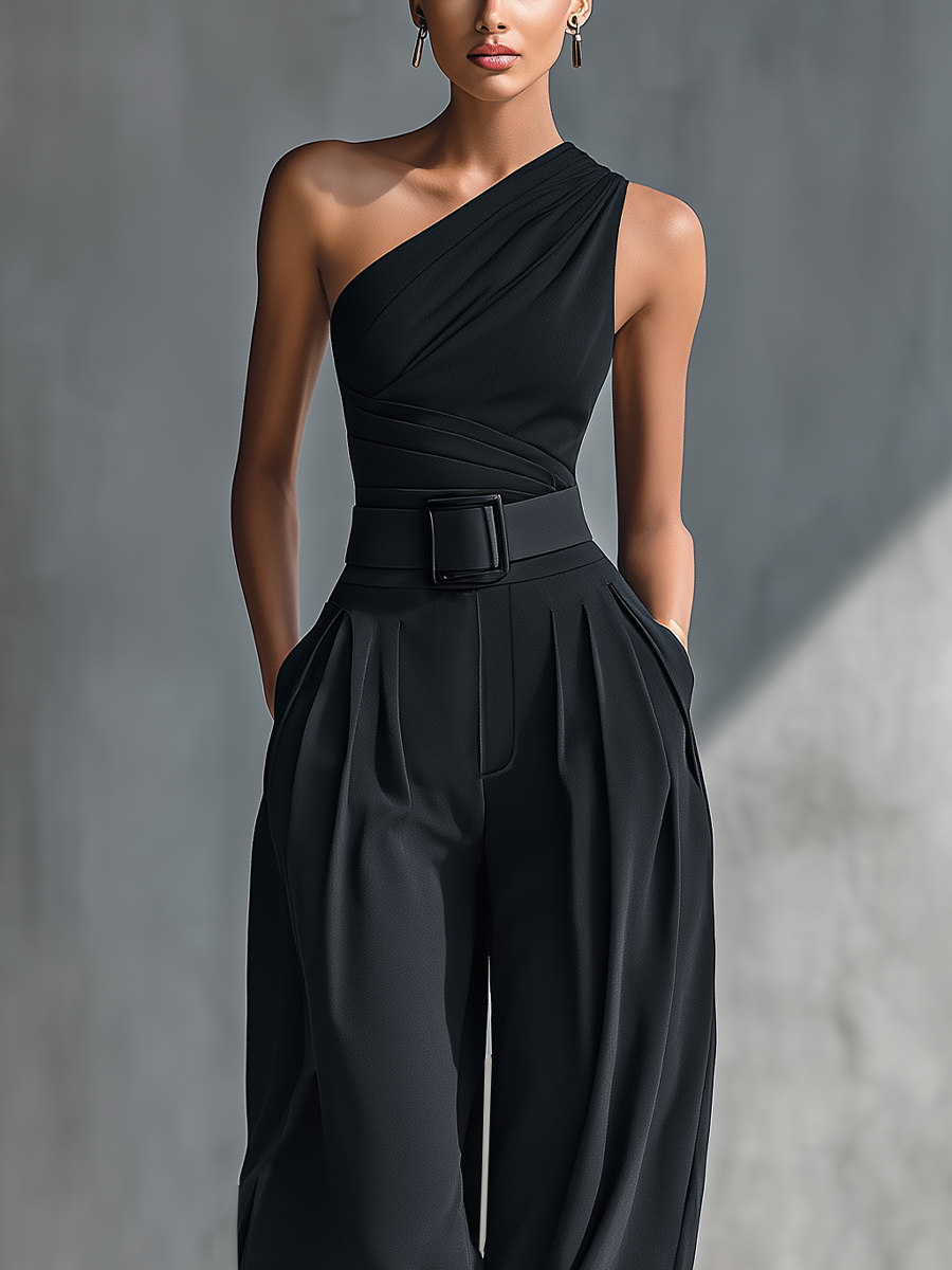Silk One-Shoulder Wide-Leg Jumpsuit with Belted Waist and Draped Design