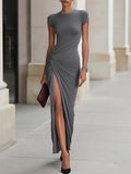 Gray Ruched Side Slit Maxi Dress