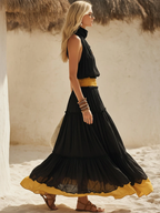 Black Chiffon Halter Neck Loose Yellow Fitted Waist Sleeveless Maxi Dress