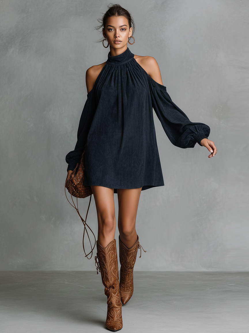 Suede Off-Shoulder Halter Mini Dress with Puff Sleeves