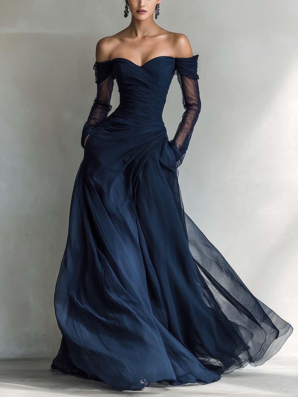 Chiffon Off-Shoulder Long Evening Gown with Sheer Sleeves and Ruched Bodice