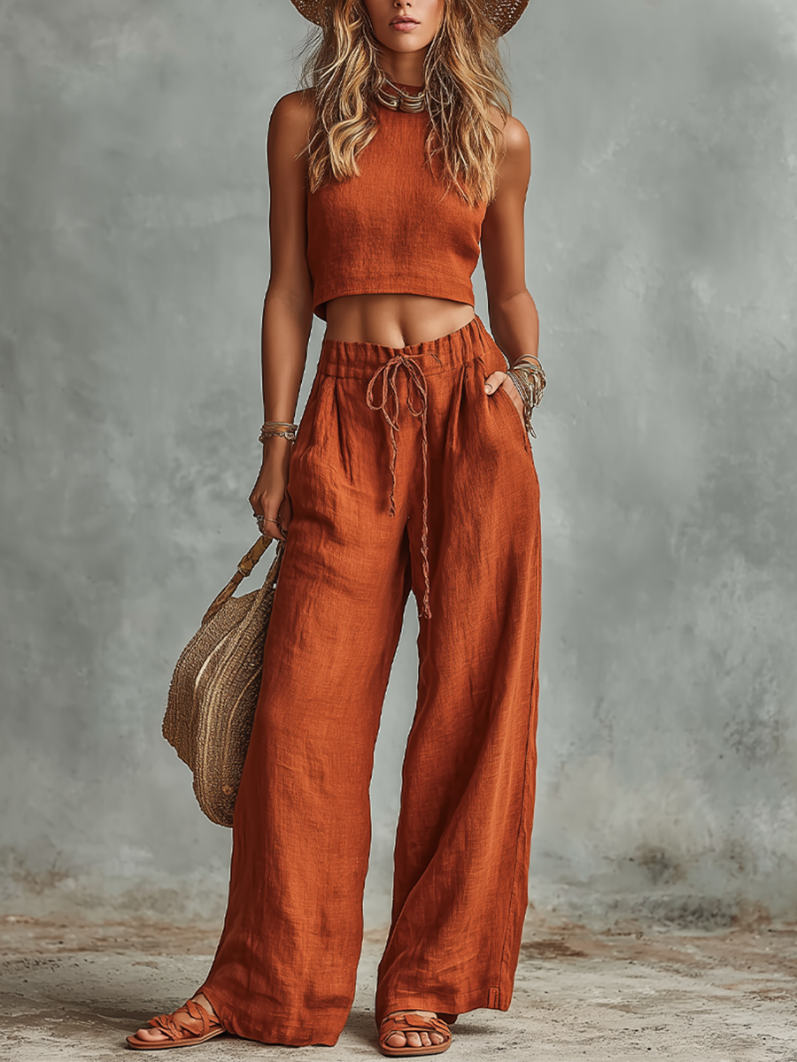 Linen Wide Leg Pants Set Women Rust Color Crop Top & High Waist Palazzo Pants Boho Summer Outfit