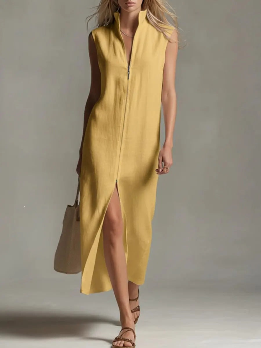 Stand Collar Zip Front Sleeveless Midi Dress