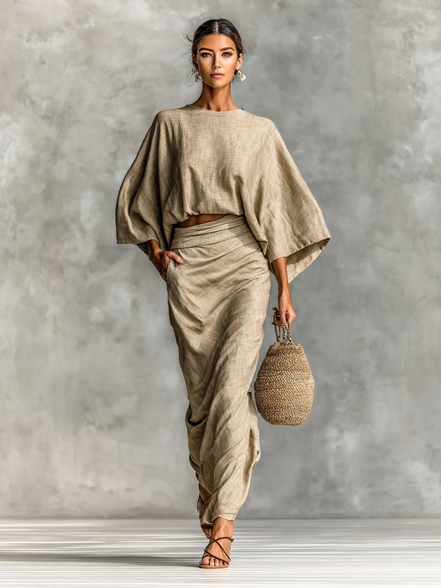 Linen Crop Top and Wide Leg Pants Set Boho Style Loose Fit Women's Two-Piece Outfit