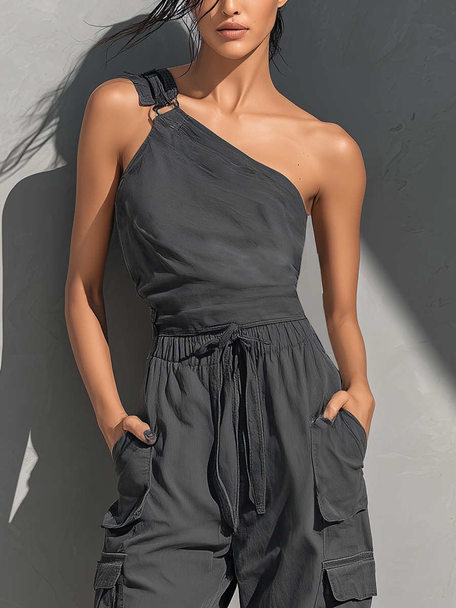 Cotton One-Shoulder Cargo Jumpsuit with Drawstring Waist and Multiple Pockets