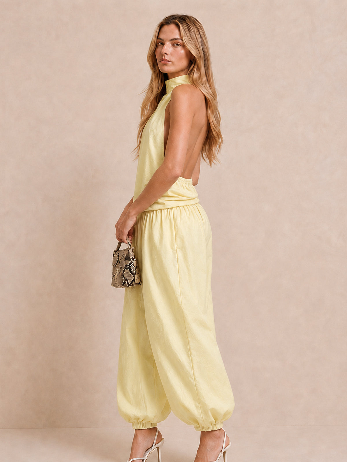 Light Yellow Linen-Blend Halter Top & Wide-Leg Pants Set