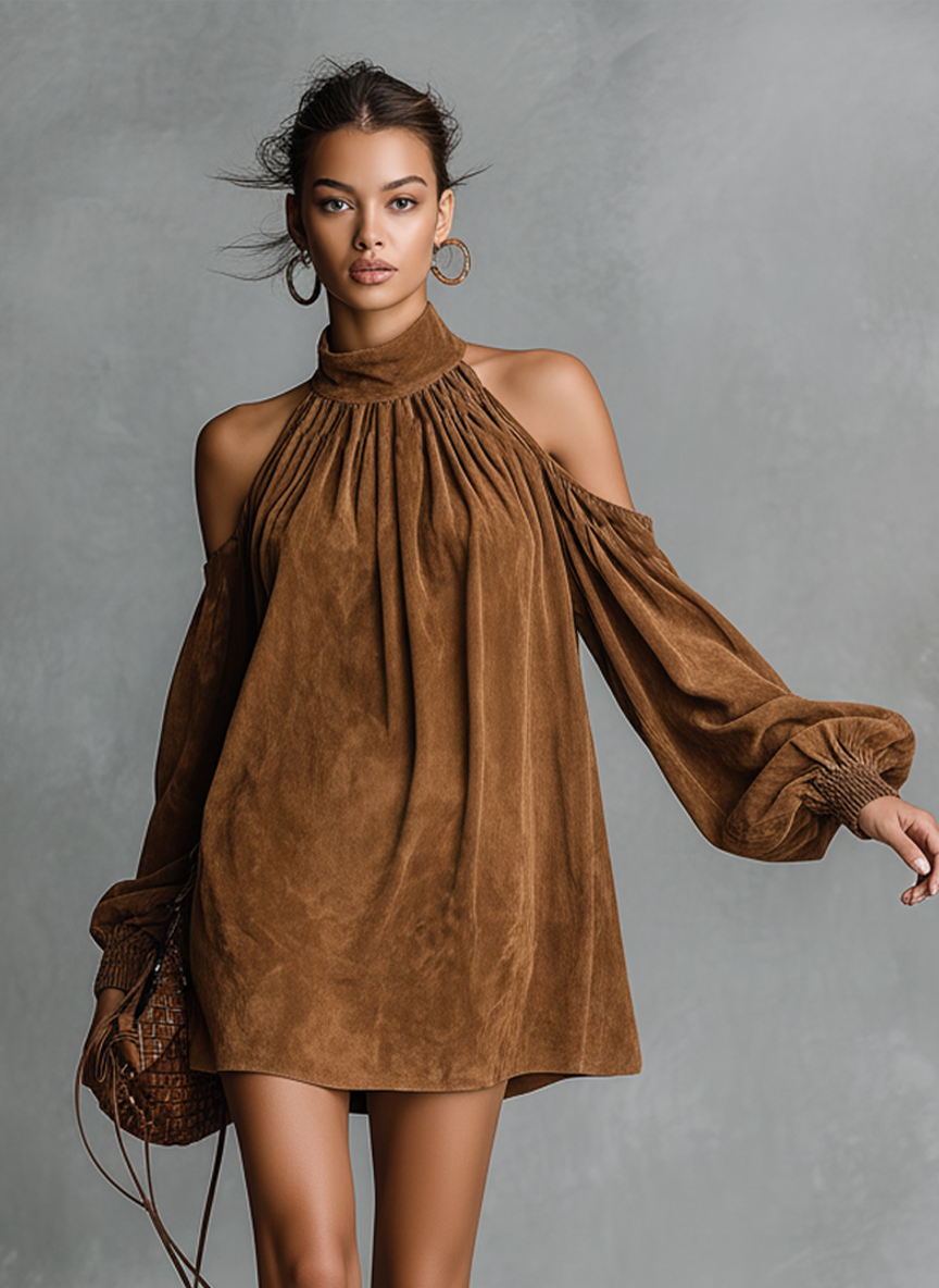 Suede Off-Shoulder Halter Mini Dress with Puff Sleeves