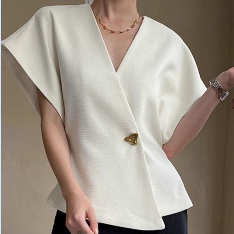 Asymmetric V-Neck Short Sleeve Blouse