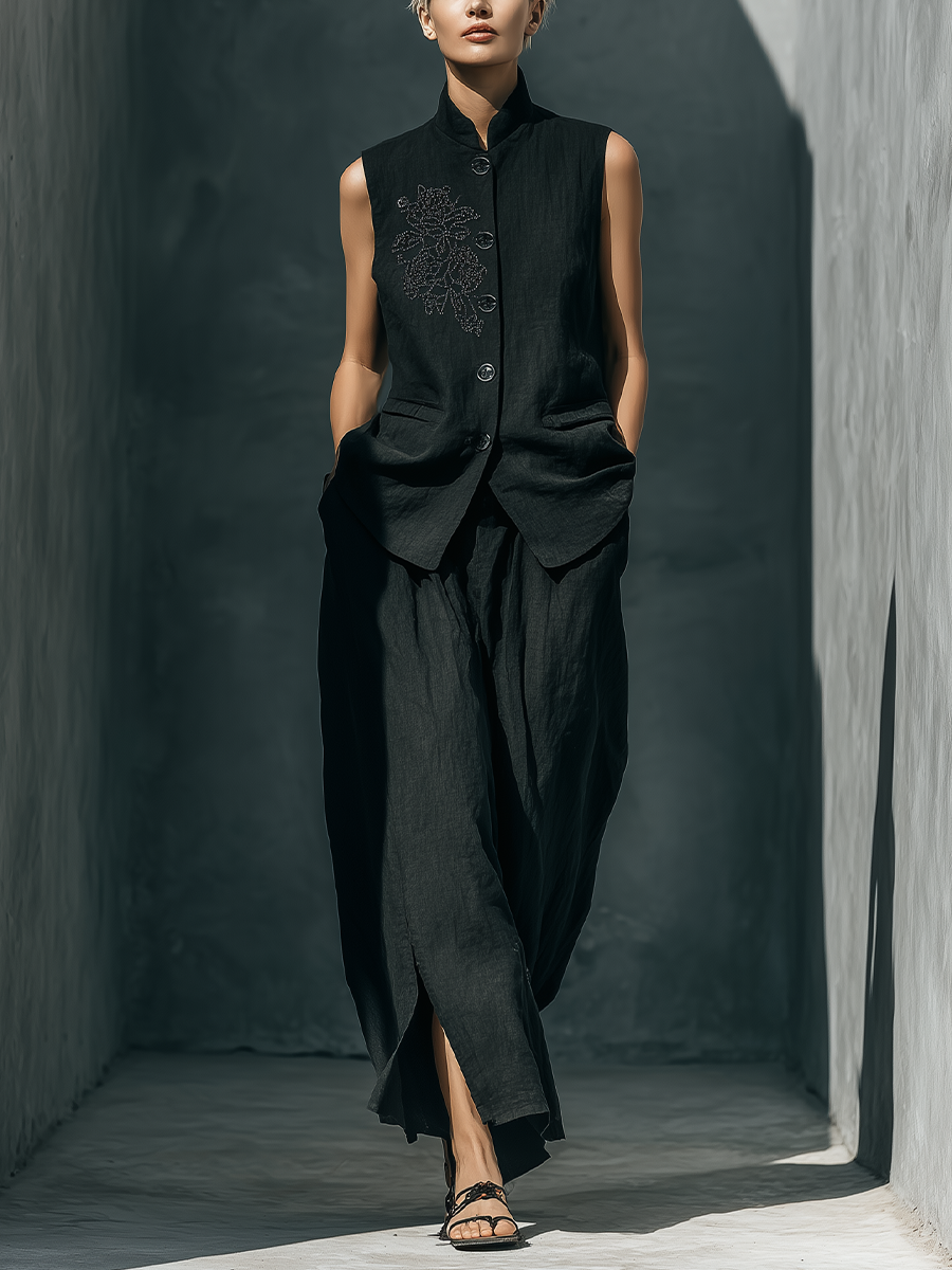 Linen Sleeveless Embroidered Vest with High Neck and Button Closure for Women