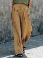Pantalones de pierna ancha de talle alto en mezcla de seda para mujer - Pantalones palazzo plisados fluidos con ajuste cómodo