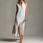 Vestido midi sin mangas con cuello alto y cremallera frontal