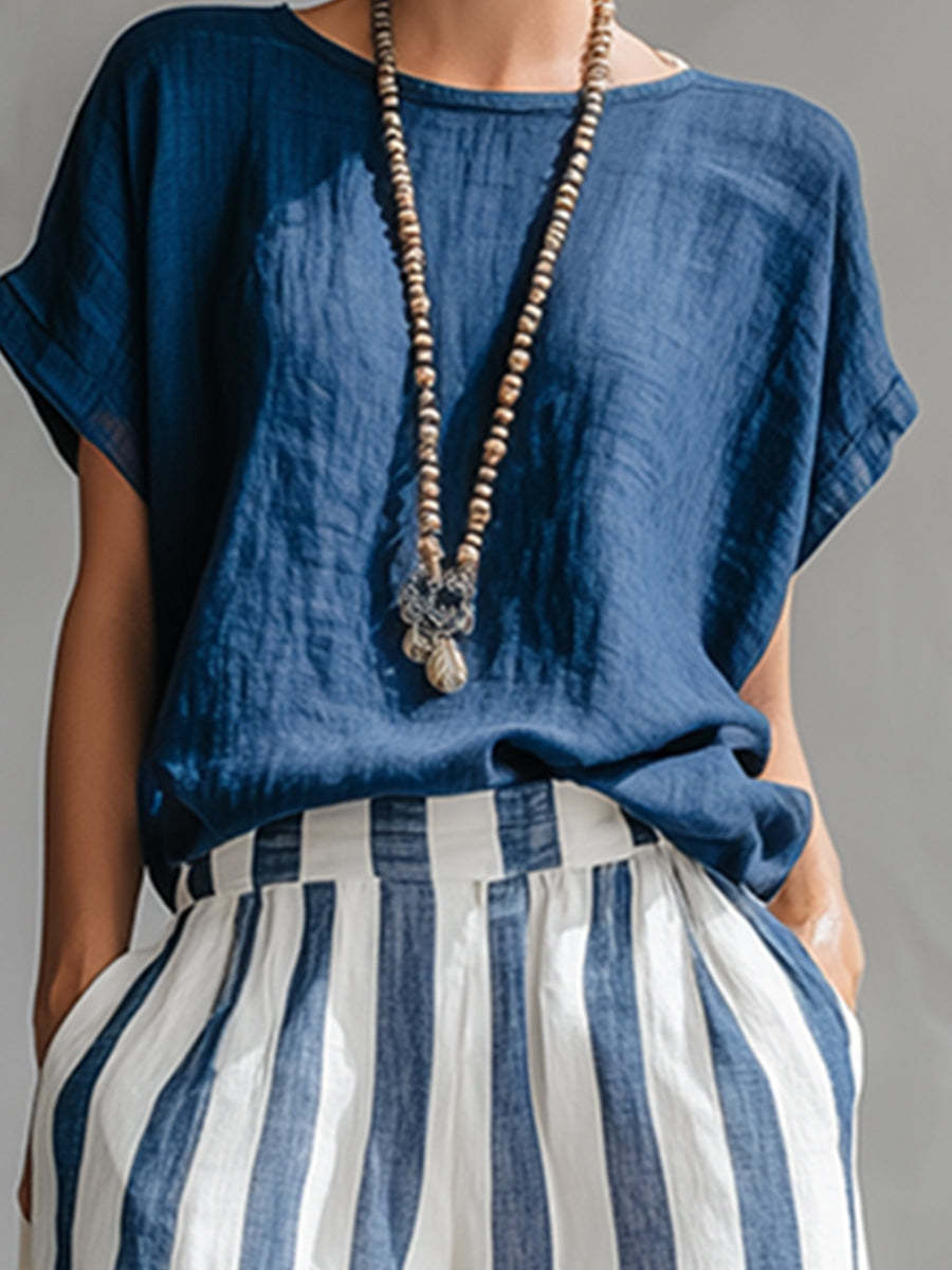 Blue Striped Linen Wide Leg Pants