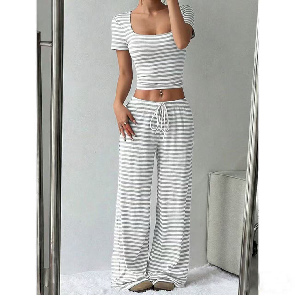 Striped Crop Top Wide Leg Pants Set