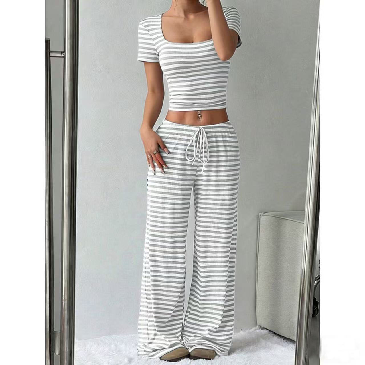 Striped Crop Top Wide Leg Pants Set