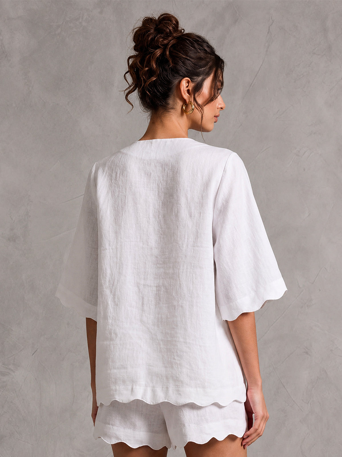 Linen V-Neck Tie-Front Blouse with 3/4 Sleeves & Scallop Hem