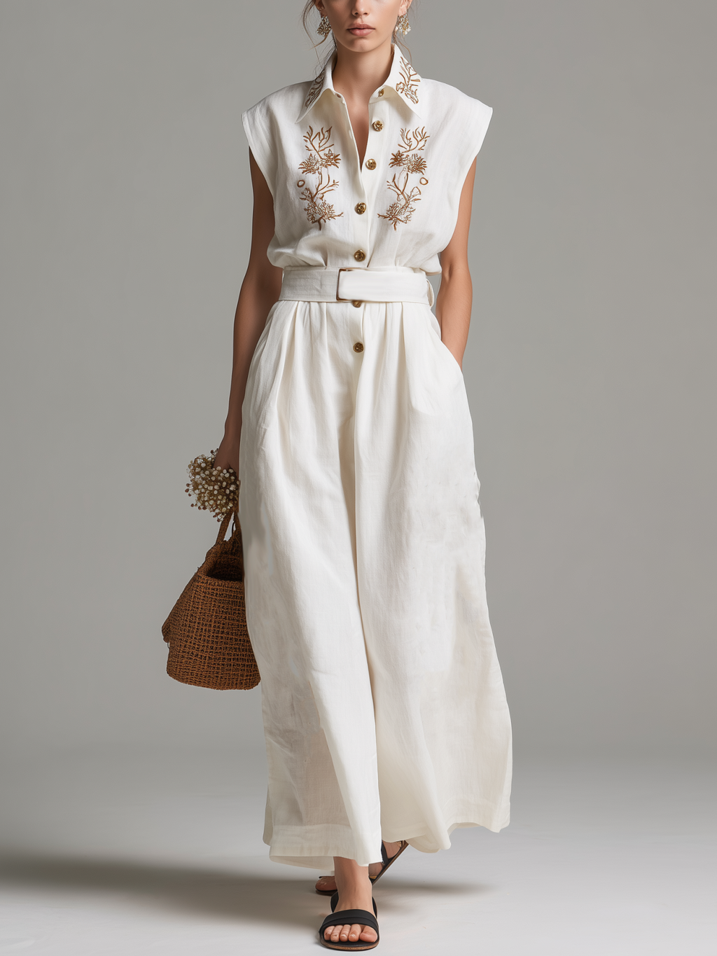 Linen Sleeveless Embroidered Maxi Dress with Belted Waist and Floral Detailing