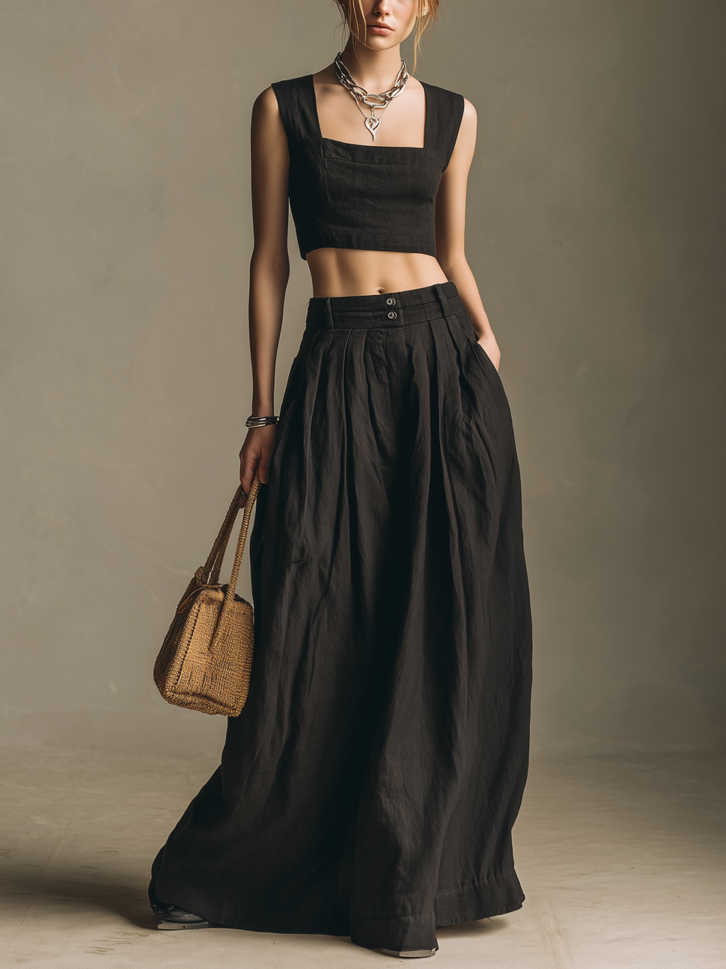 Linen Maxi Skirt with High Waist and Pleated Design - Flowing Black Long Skirt for Women