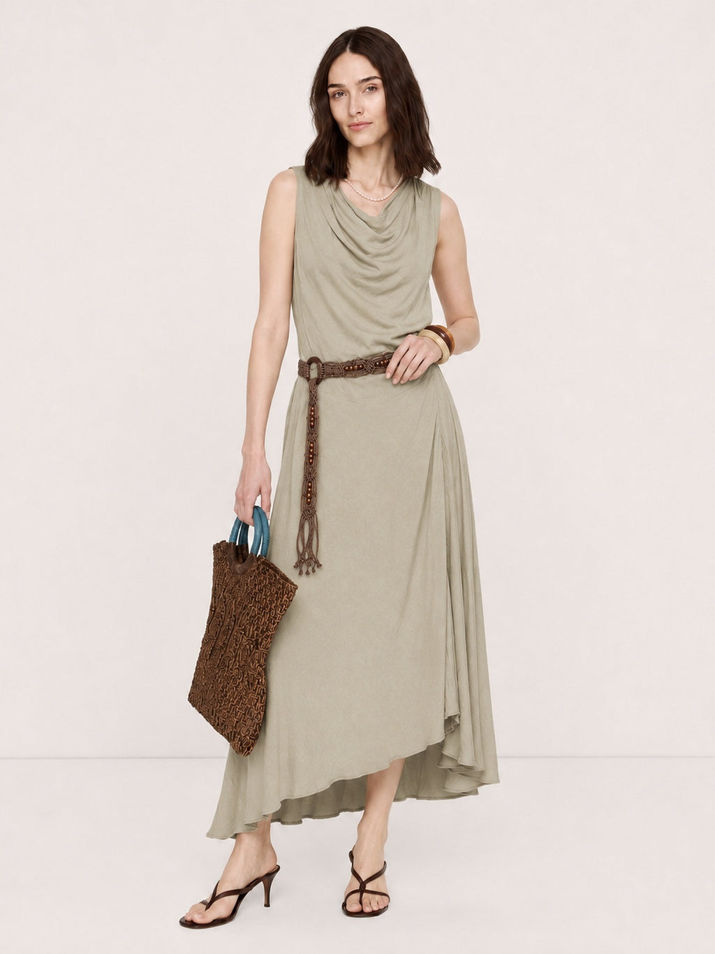 Gathered Split-Neck Tie-Waist Midi Dress