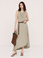Gathered Split-Neck Tie-Waist Midi Dress