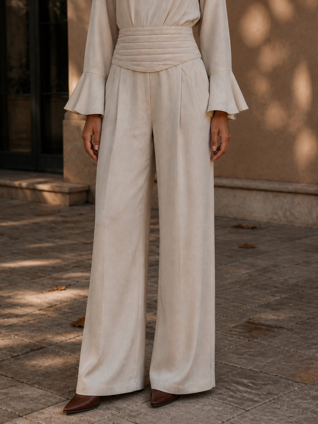 Flared Sleeve High-Waist Belted Wide-Leg Jumpsuit
