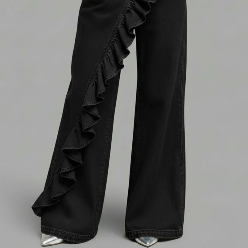 Asymmetrical Ruffle Denim Pants