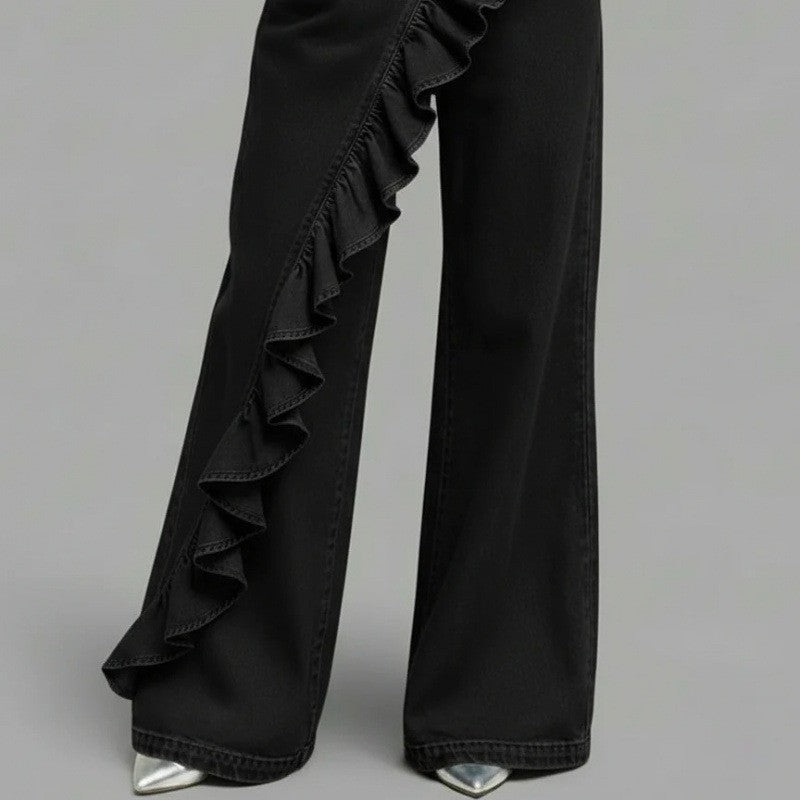 Asymmetrical Ruffle Denim Pants