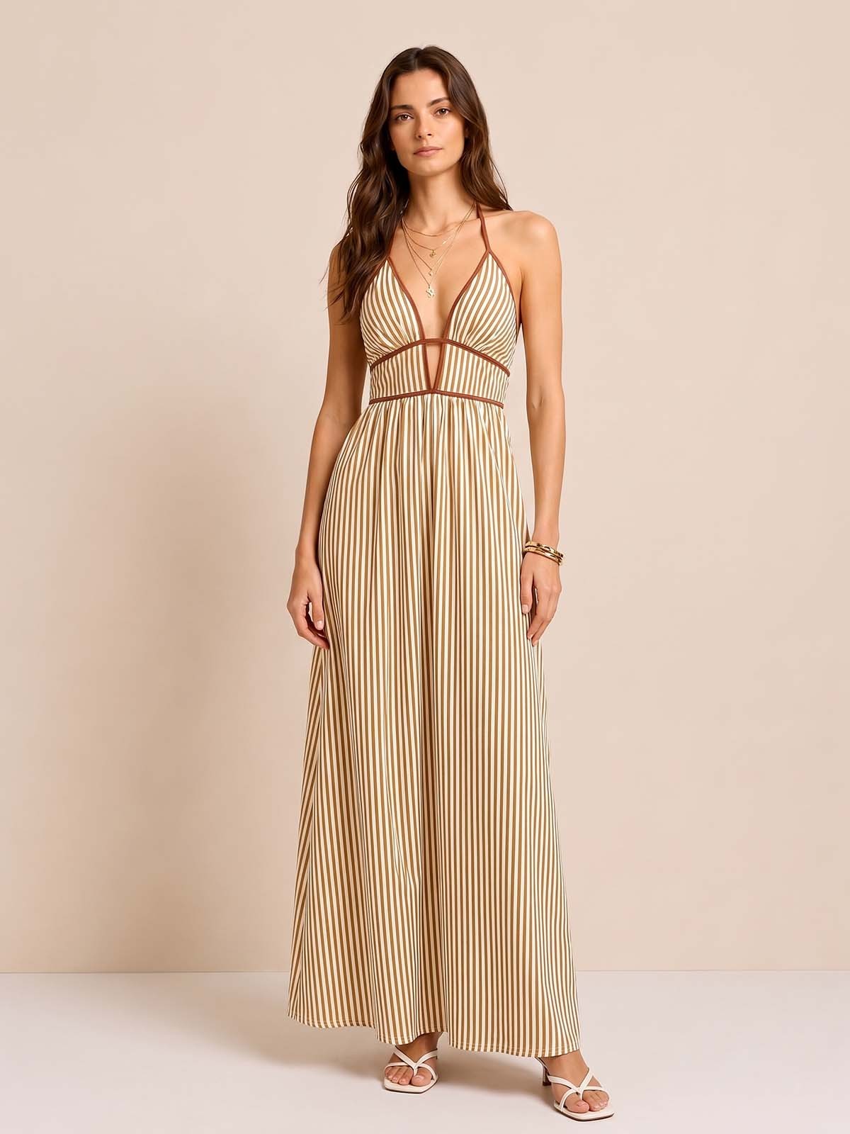 Striped Cutout Halter Maxi Dress