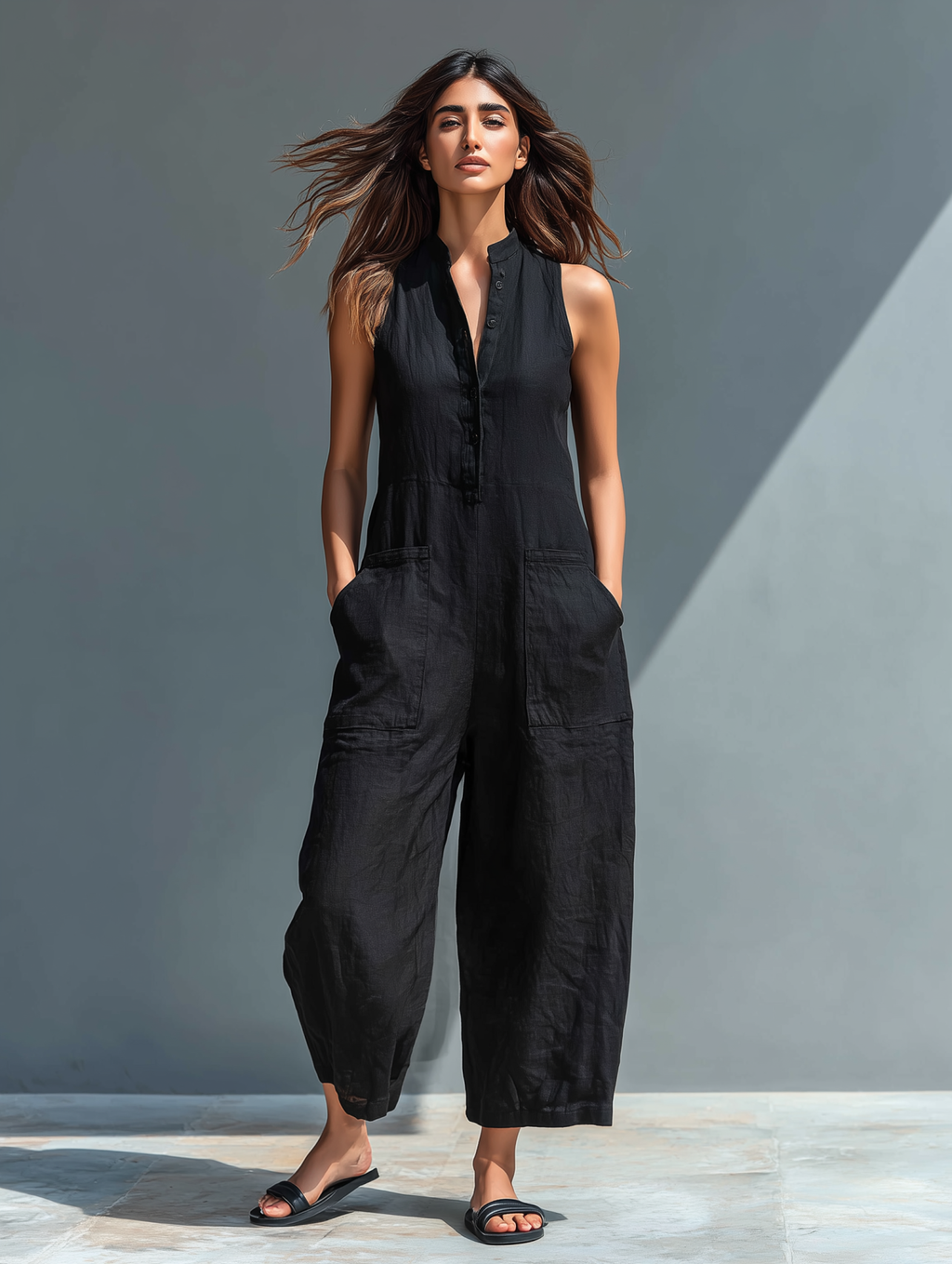 Linen Sleeveless Button Front Jumpsuit