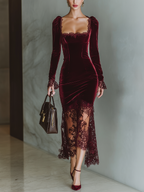 Robe midi en dentelle de velours à manches longues et encolure carrée pour femme, élégante robe de soirée