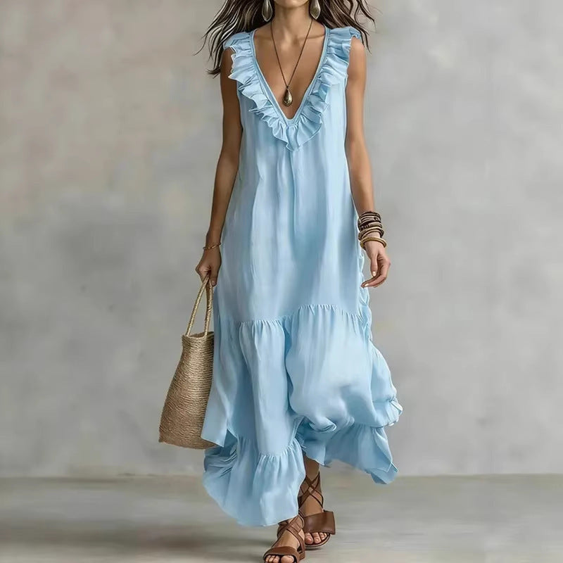 Ruffle V-Neck Boho Maxi Dress