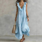 Vestido largo estilo bohemio con escote en V y volantes