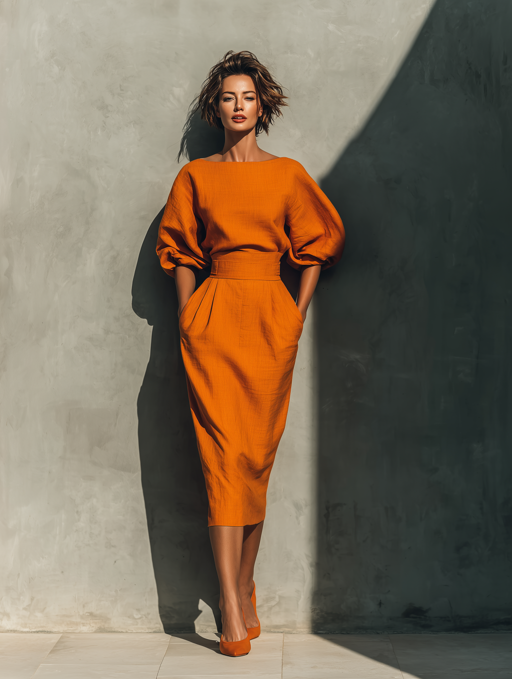 Linen Two-Piece Set Orange Midi Dress with Puff Sleeves and High Waist Skirt