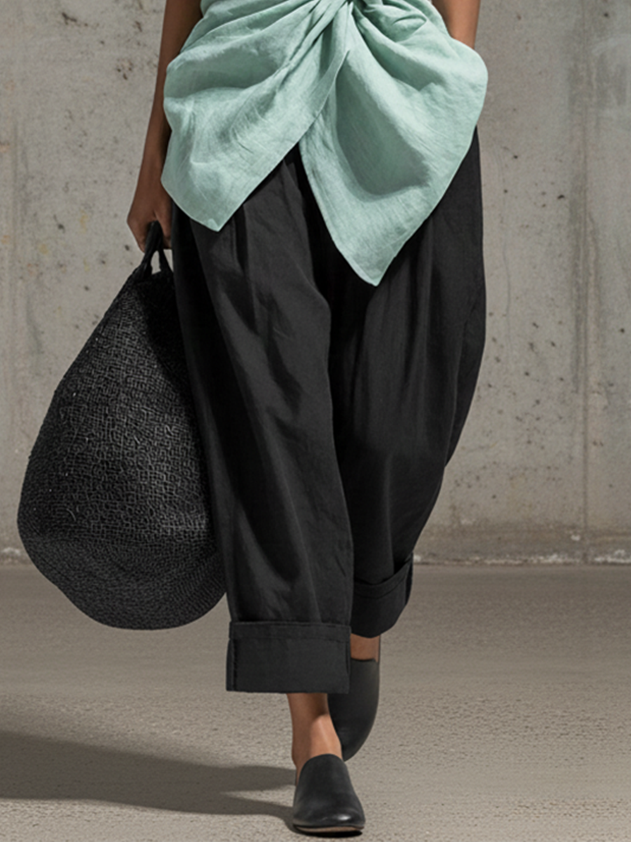 Linen Blend Wide Leg Crop Pants with Cuffed Hem and Relaxed Fit
