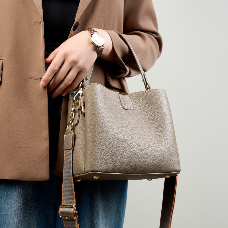 Cowhide Leather Bucket Bag