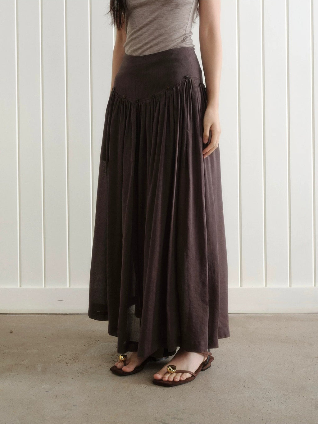 Button-Trim Gathered Midi Skirt