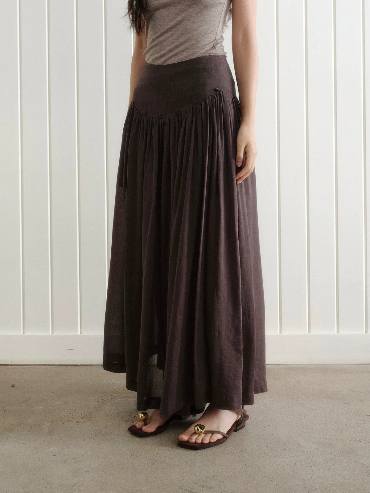 Button-Trim Gathered Midi Skirt