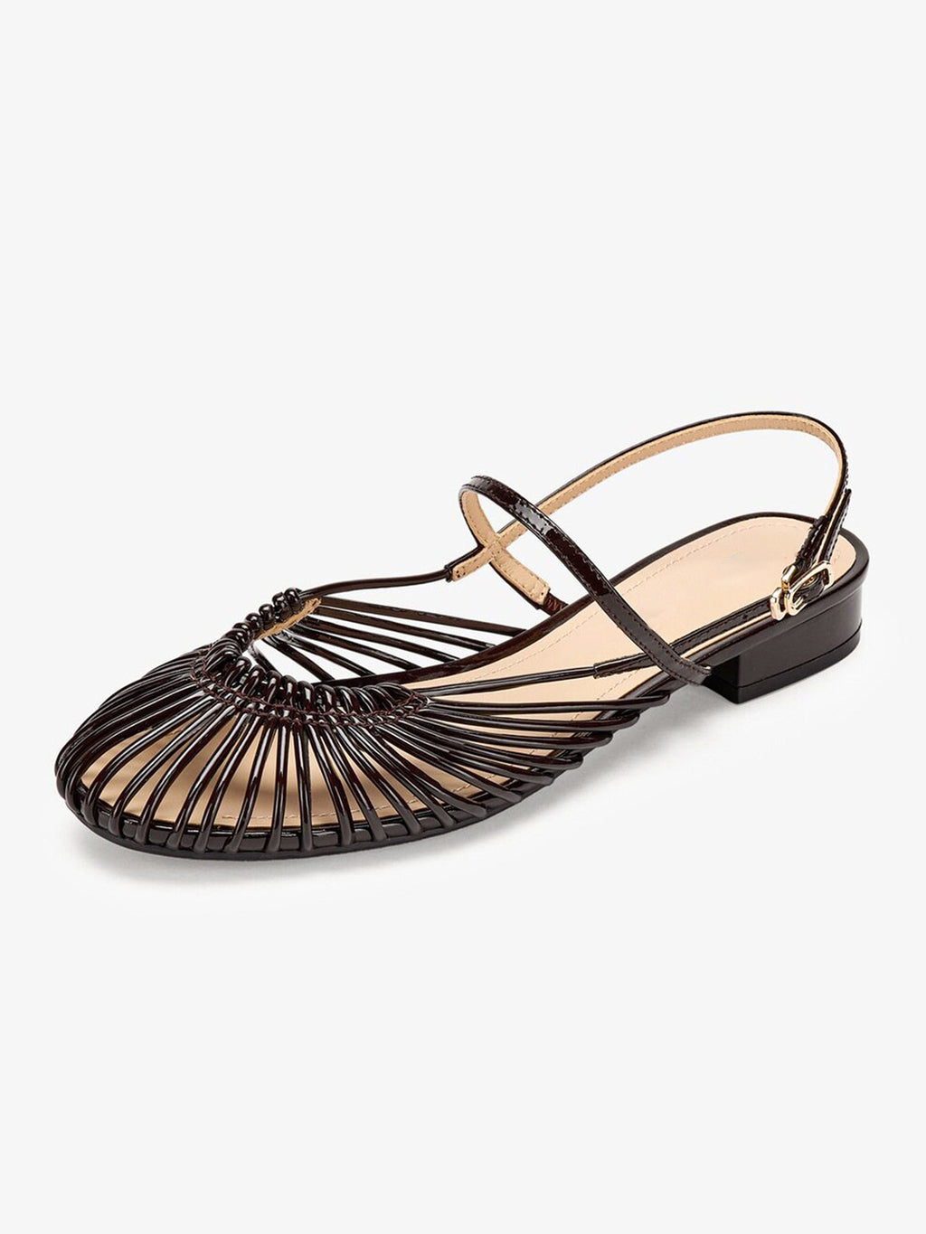 Strappy Patent Leather Flat Sandals – Woven Toe Detail