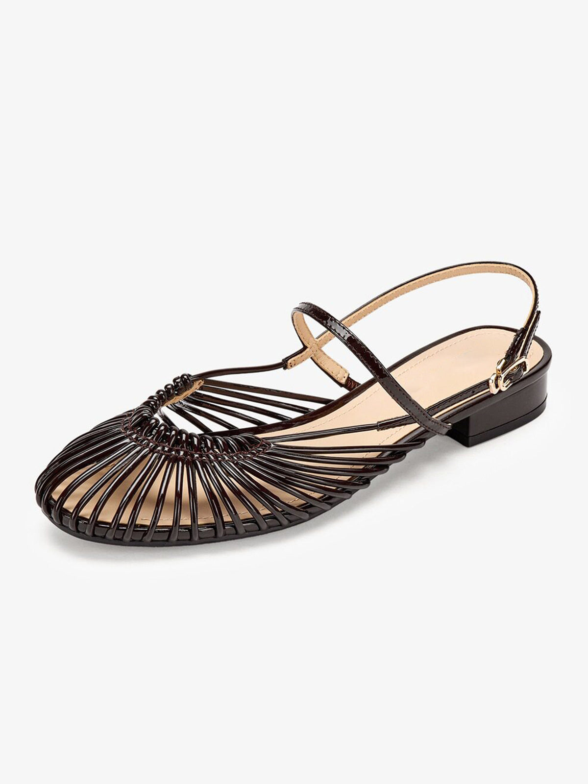 Strappy Patent Leather Flat Sandals – Woven Toe Detail