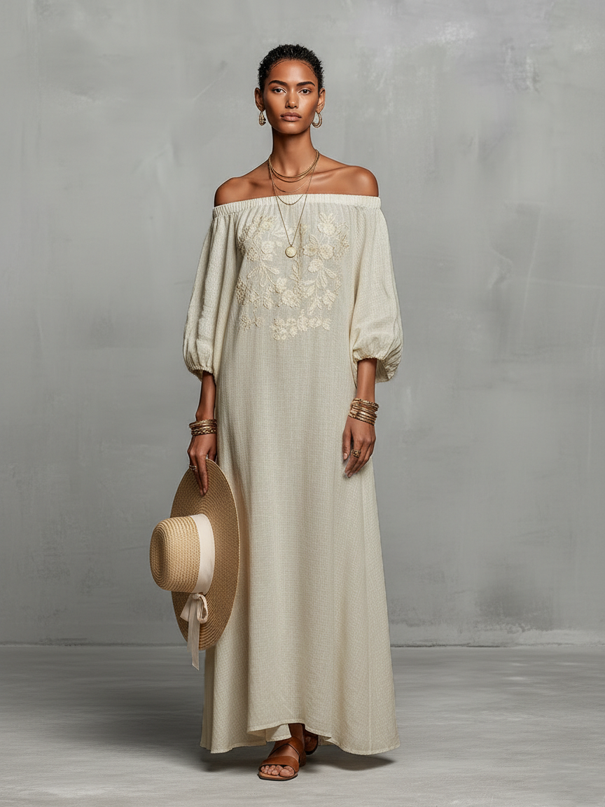 Linen Off-Shoulder Embroidered Maxi Dress with Puff Sleeves