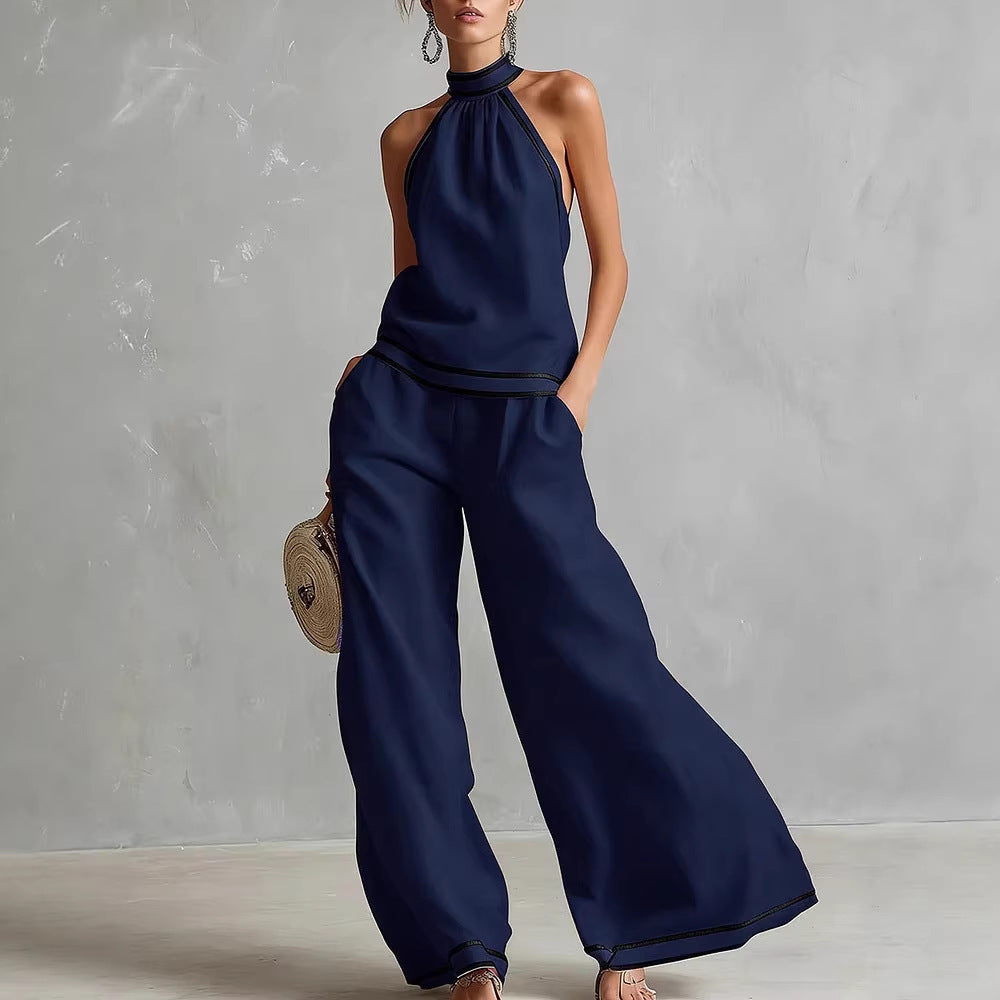 Contrast Trim Sleeveless Vest & Wide-Leg Pants Set
