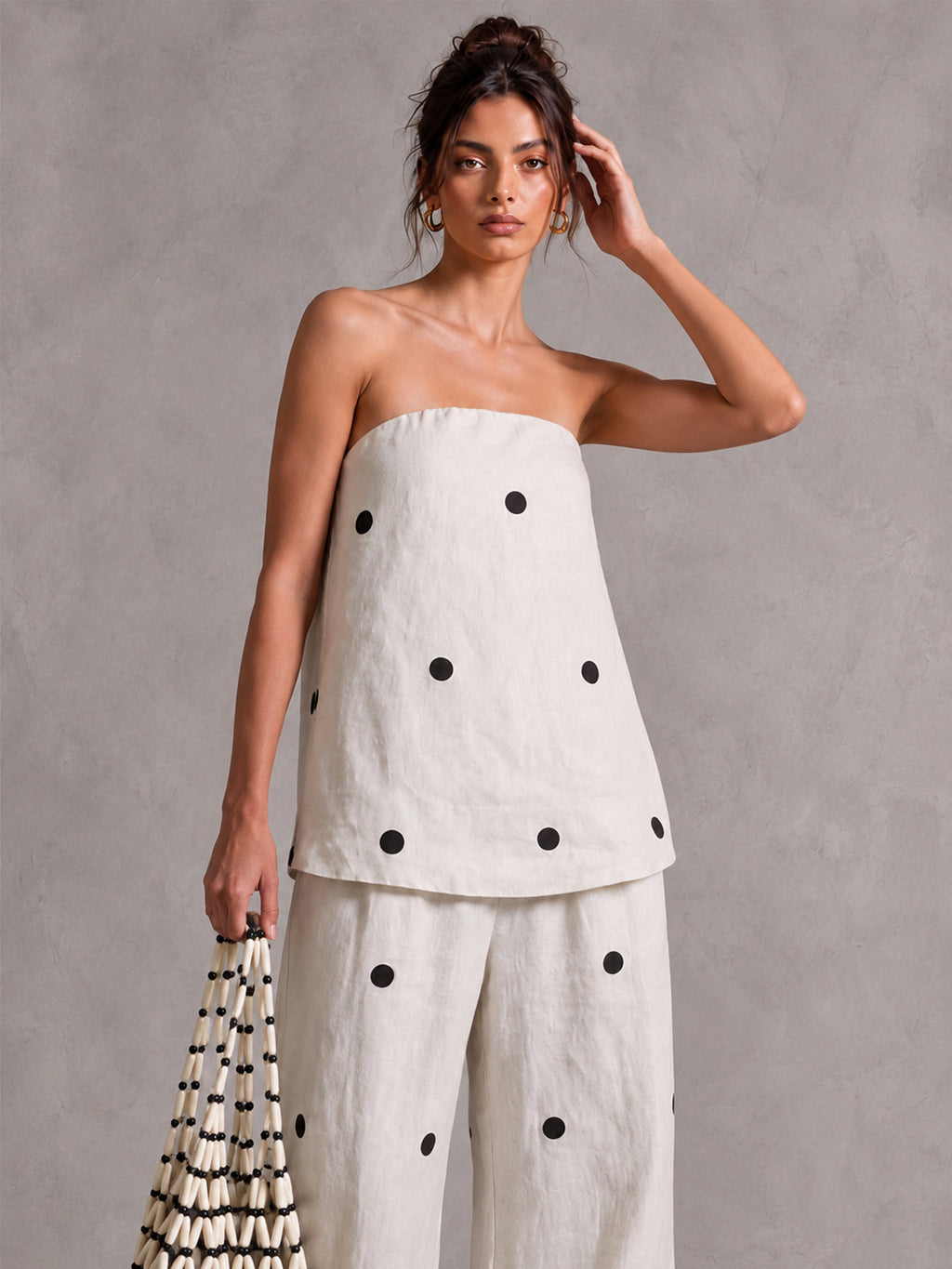 Linen Polka Dot Strapless Top & Wide Leg Pants Set