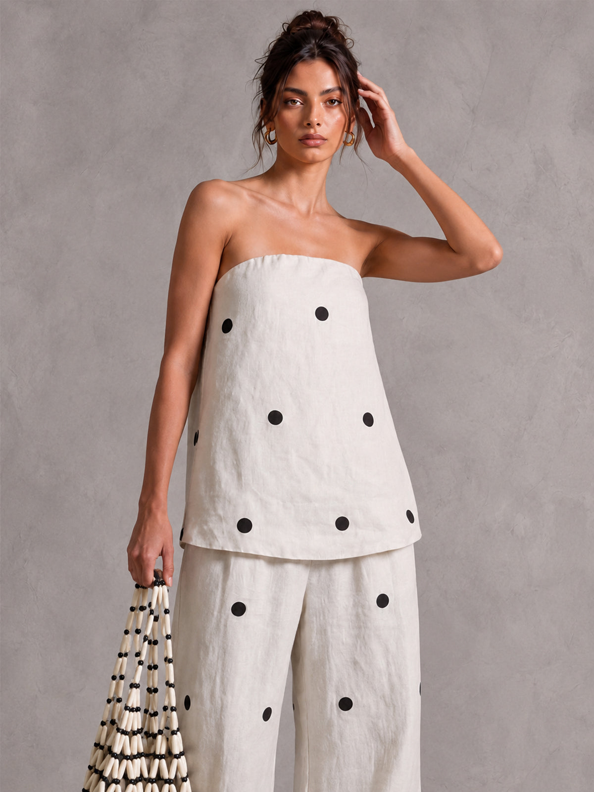 Linen Polka Dot Strapless Top & Wide Leg Pants Set