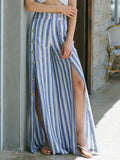 Cotton Linen Striped High Waist Wide Leg Pants with Side Slit and Button Detail for Women