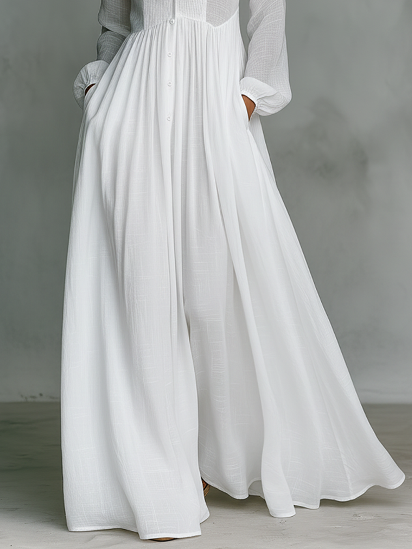 Linen Long Maxi Dress for Women with High Collar and Button Front - Flowy Boho Style White Summer Dress